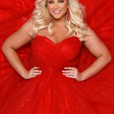 Sydney's Closet SC7392 Red. Tiered glitter tulle ballgown, pleated bodice, rolled satin straps covered in glitter tulle, natural waistline, center back zipper.