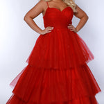 Sydney's Closet SC7392 Red. Tiered glitter tulle ballgown, pleated bodice, rolled satin straps covered in glitter tulle, natural waistline, center back zipper.