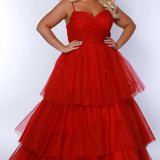 Sydney's Closet SC7392 Red. Tiered glitter tulle ballgown, pleated bodice, rolled satin straps covered in glitter tulle, natural waistline, center back zipper.