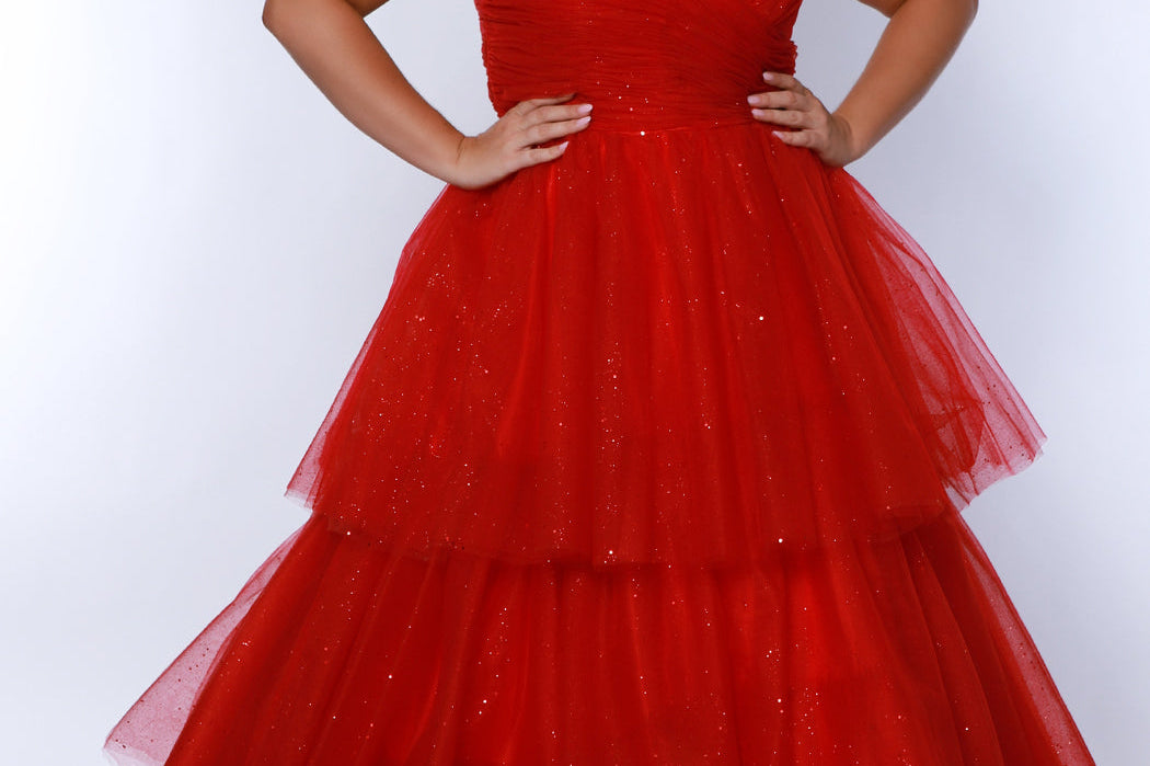 Sydney's Closet SC7392 Red. Tiered glitter tulle ballgown, pleated bodice, rolled satin straps covered in glitter tulle, natural waistline, center back zipper.