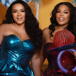 SC7405 by Sydney's Closet. Plus size strapless sweetheart metallic knit gown with exposed boning on bodice.  Tiered A-line skirt slit. Available in magenta pink, copper gold/brown and turq blue green.