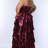 SC7405 by Sydney's Closet. Plus size strapless sweetheart metallic knit gown with exposed boning on bodice.  Tiered A-line skirt slit. Available in magenta pink, copper gold/brown and turq blue green.