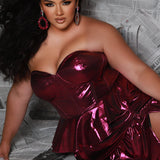 SC7405 by Sydney's Closet. Plus size strapless sweetheart metallic knit gown with exposed boning on bodice.  Tiered A-line skirt slit. Available in magenta pink, copper gold/brown and turq blue green.