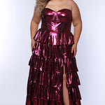 SC7405 by Sydney's Closet. Plus size strapless sweetheart metallic knit gown with exposed boning on bodice.  Tiered A-line skirt slit. Available in magenta pink, copper gold/brown and turq blue green.