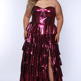 SC7405 by Sydney's Closet. Plus size strapless sweetheart metallic knit gown with exposed boning on bodice.  Tiered A-line skirt slit. Available in magenta pink, copper gold/brown and turq blue green.
