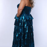 SC7405 by Sydney's Closet. Plus size strapless sweetheart metallic knit gown with exposed boning on bodice.  Tiered A-line skirt slit. Available in magenta pink, copper gold/brown and turq blue green.