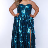 SC7405 by Sydney's Closet. Plus size strapless sweetheart metallic knit gown with exposed boning on bodice.  Tiered A-line skirt slit. Available in magenta pink, copper gold/brown and turq blue green.