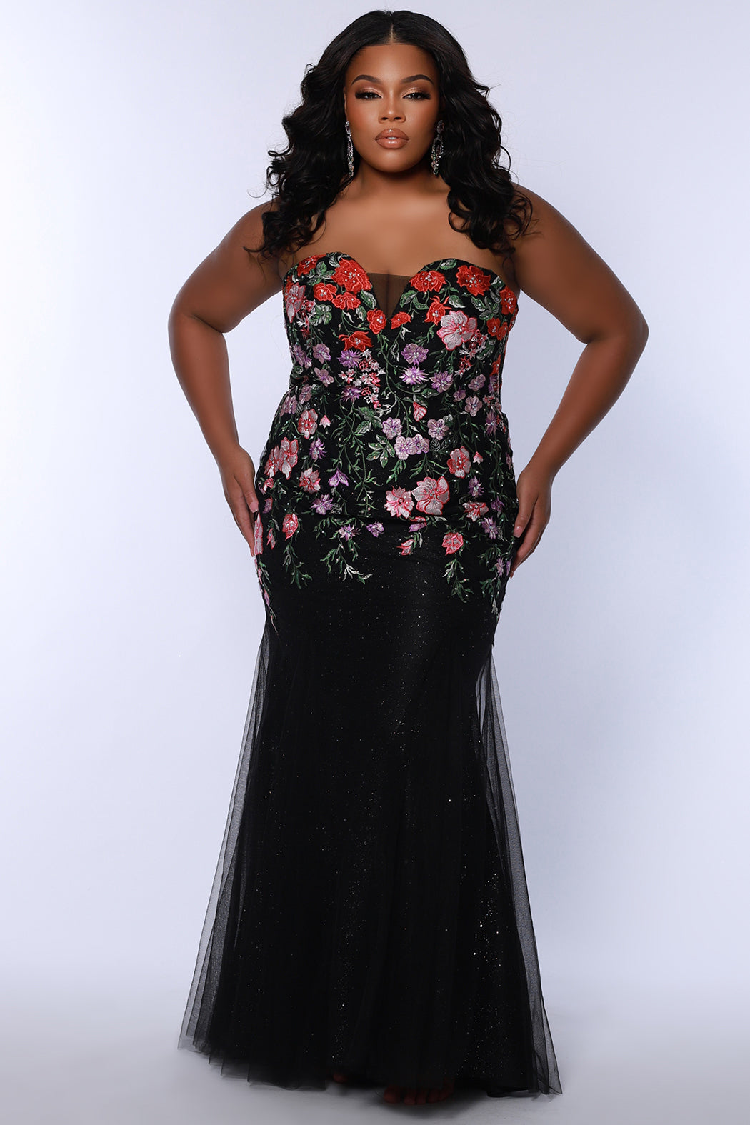 Floral Embroidered Mermaid Plus Size Prom Dress - Sydney's Closet