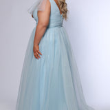 Plus Size princess A-line prom dress with bra-friendly straps, pleated bodice, pleated waistband and full A-line skirt with train. Detachable bows on shoulder. SC7417 in ice blue, mauve or sage green from Sydney's Closet.