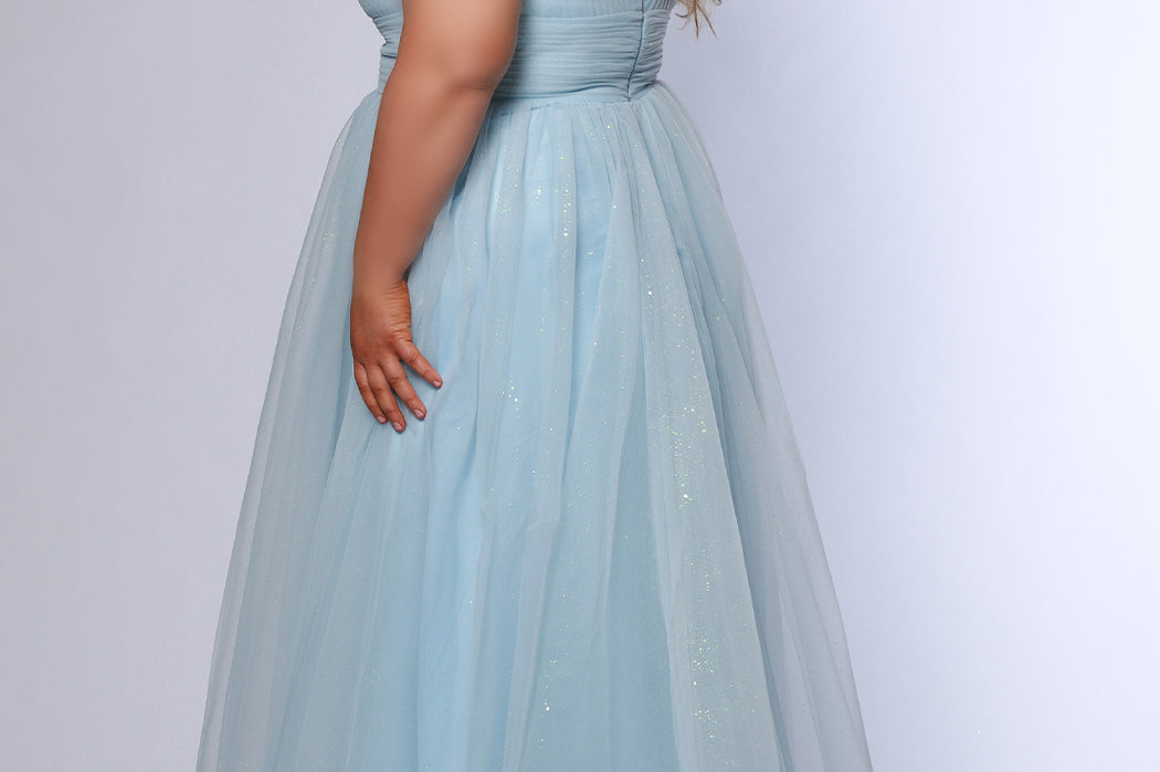 Plus Size princess A-line prom dress with bra-friendly straps, pleated bodice, pleated waistband and full A-line skirt with train. Detachable bows on shoulder. SC7417 in ice blue, mauve or sage green from Sydney's Closet.