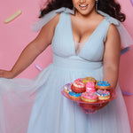 Plus Size princess A-line prom dress with bra-friendly straps, pleated bodice, pleated waistband and full A-line skirt with train. Detachable bows on shoulder. SC7417 in ice blue, mauve or sage green from Sydney's Closet.