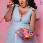 Plus Size princess A-line prom dress with bra-friendly straps, pleated bodice, pleated waistband and full A-line skirt with train. Detachable bows on shoulder. SC7417 in ice blue, mauve or sage green from Sydney's Closet.