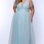Plus Size princess A-line prom dress with bra-friendly straps, pleated bodice, pleated waistband and full A-line skirt with train. Detachable bows on shoulder. SC7417 in ice blue, mauve or sage green from Sydney's Closet.