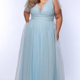 Plus Size princess A-line prom dress with bra-friendly straps, pleated bodice, pleated waistband and full A-line skirt with train. Detachable bows on shoulder. SC7417 in ice blue, mauve or sage green from Sydney's Closet.