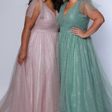 Plus Size princess A-line prom dress with bra-friendly straps, pleated bodice, pleated waistband and full A-line skirt with train. Detachable bows on shoulder. SC7417 in ice blue, mauve or sage green from Sydney's Closet.
