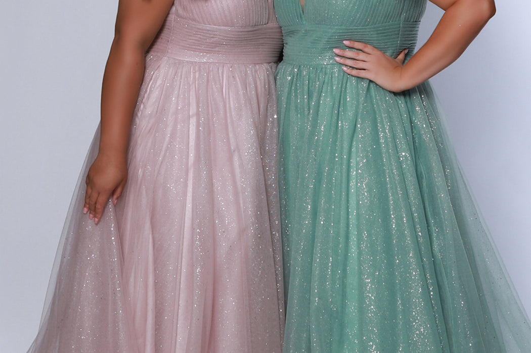 Plus Size princess A-line prom dress with bra-friendly straps, pleated bodice, pleated waistband and full A-line skirt with train. Detachable bows on shoulder. SC7417 in ice blue, mauve or sage green from Sydney's Closet.
