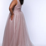 Plus Size princess A-line prom dress with bra-friendly straps, pleated bodice, pleated waistband and full A-line skirt with train. Detachable bows on shoulder. SC7417 in ice blue, mauve or sage green from Sydney's Closet.