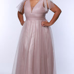 Plus Size princess A-line prom dress with bra-friendly straps, pleated bodice, pleated waistband and full A-line skirt with train. Detachable bows on shoulder. SC7417 in ice blue, mauve or sage green from Sydney's Closet.