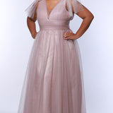 Plus Size princess A-line prom dress with bra-friendly straps, pleated bodice, pleated waistband and full A-line skirt with train. Detachable bows on shoulder. SC7417 in ice blue, mauve or sage green from Sydney's Closet.