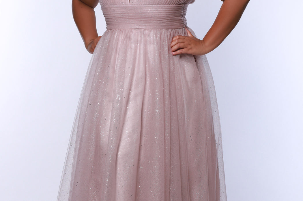 Plus Size princess A-line prom dress with bra-friendly straps, pleated bodice, pleated waistband and full A-line skirt with train. Detachable bows on shoulder. SC7417 in ice blue, mauve or sage green from Sydney's Closet.