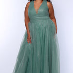 Plus Size princess A-line prom dress with bra-friendly straps, pleated bodice, pleated waistband and full A-line skirt with train. Detachable bows on shoulder. SC7417 in ice blue, mauve or sage green from Sydney's Closet.