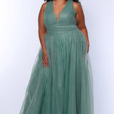 Plus Size princess A-line prom dress with bra-friendly straps, pleated bodice, pleated waistband and full A-line skirt with train. Detachable bows on shoulder. SC7417 in ice blue, mauve or sage green from Sydney's Closet.