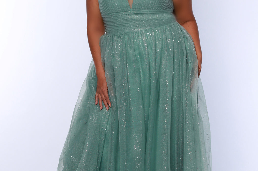 Plus Size princess A-line prom dress with bra-friendly straps, pleated bodice, pleated waistband and full A-line skirt with train. Detachable bows on shoulder. SC7417 in ice blue, mauve or sage green from Sydney's Closet.