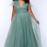 Plus Size princess A-line prom dress with bra-friendly straps, pleated bodice, pleated waistband and full A-line skirt with train. Detachable bows on shoulder. SC7417 in ice blue, mauve or sage green from Sydney's Closet.