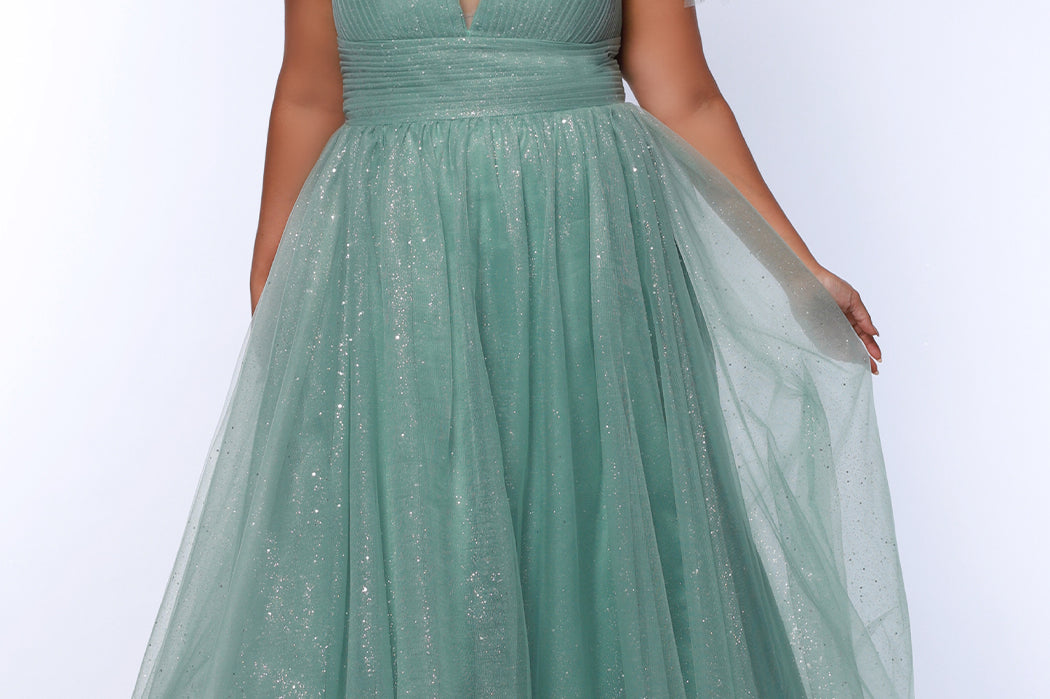 Plus Size princess A-line prom dress with bra-friendly straps, pleated bodice, pleated waistband and full A-line skirt with train. Detachable bows on shoulder. SC7417 in ice blue, mauve or sage green from Sydney's Closet.