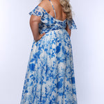 Plus size picnic dress in blue and white floral chiffon print. Criss-cross pleated bodice with spaghetti straps and drape sleeve. A-line skirt and center back zipper. Style SC7421 by Sydney's Closet.