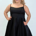 Sydney's Closet CE2401 Black. A-line silhouette, Scoop neckline polyester satin. Short party dress with pockets
