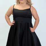 Sydney's Closet CE2401 Black. A-line silhouette, Scoop neckline polyester satin. Short party dress with pockets