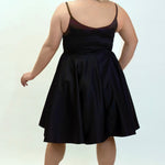 Sydney's Closet CE2401 Black. A-line silhouette, Scoop neckline polyester satin. Short party dress with pockets