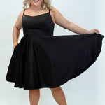 Sydney's Closet CE2401 Black. A-line silhouette, Scoop neckline polyester satin. Short party dress with pockets