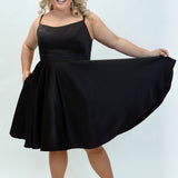 Sydney's Closet CE2401 Black. A-line silhouette, Scoop neckline polyester satin. Short party dress with pockets