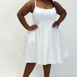 Sydney's Closet CE2401 White. A-line silhouette, Scoop neckline polyester satin. Short party dress with pockets