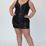 Short fitted Black party dress SC8145 by Sydney's Closet. Front view.  Fully sequined short gown, with 3D floral embellishments on bodice. Thick bra-friendly straps, deep v-neckline. Long invisible center back zipper. Availability in lilac purple, onyx black and ruby red . Model in picture is 5'9.