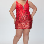 Short fitted Ruby red party dress SC8145 by Sydney's Closet. Front view.  Fully sequined short gown, with 3D floral embellishments on bodice. Thick bra-friendly straps, deep v-neckline. Long invisible center back zipper. Availability in lilac purple, onyx black and ruby red . Model in picture is 5'9.