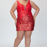 Short fitted Ruby red party dress SC8145 by Sydney's Closet. Front view.  Fully sequined short gown, with 3D floral embellishments on bodice. Thick bra-friendly straps, deep v-neckline. Long invisible center back zipper. Availability in lilac purple, onyx black and ruby red . Model in picture is 5'9.
