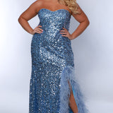 Tease Prom TE2419 Blue. Stretch sequin on net, Stretch knit lining, Sweetheart neckline, Strapless bodice, Natural waistline, Slim skirt with slit trimmed in Ostrich feathers, Sweep train.