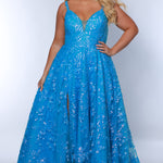 Tease Prom TE2433 blue, Plus size A-line dress with iridescent blue sequins, v-neck, sequin covered straps, slit, bicep to wrist puff sleeves.