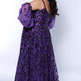 Tease Prom TE2433 deep purple, Plus size A-line dress with purple sequins, v-neck, sequin covered straps, slit, bicep to wrist puff sleeves. 