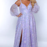 Tease Prom TE2433 light purple, Plus size A-line dress with iridescent sequins, v-neck, sequin covered straps, slit, bicep to wrist puff sleeves. 