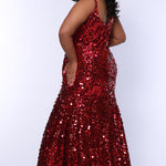 Fitted mermaid plus size prom dress.  Sequin and piette fabric with stretch knit linight. Deep v-neckline with nude mesh insert and spaghetti straps. Mermaid fitted skirt. Available in midnight navy blue and hot magenta pink. TE2512 by Tease Prom.