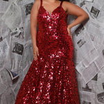 Fitted mermaid plus size prom dress.  Sequin and piette fabric with stretch knit linight. Deep v-neckline with nude mesh insert and spaghetti straps. Mermaid fitted skirt. Available in midnight navy blue and hot magenta pink. TE2512 by Tease Prom.