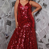 Fitted mermaid plus size prom dress.  Sequin and piette fabric with stretch knit linight. Deep v-neckline with nude mesh insert and spaghetti straps. Mermaid fitted skirt. Available in midnight navy blue and hot magenta pink. TE2512 by Tease Prom.