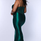 Sexy plus size fitted prom dress with double spaghetti straps, pleated bodice with optional bodice lining.  Exposed boning with hot fix stones on basque waistline.  Slim fitted skirt with ruching. High slit filled in with mesh and hot fix stones. Tease Prom style TE2516 avialable in berry, forest and navy.