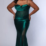 Sexy plus size fitted prom dress with double spaghetti straps, pleated bodice with optional bodice lining.  Exposed boning with hot fix stones on basque waistline.  Slim fitted skirt with ruching. High slit filled in with mesh and hot fix stones. Tease Prom style TE2516 avialable in berry, forest and navy.