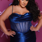 Sexy plus size fitted prom dress with double spaghetti straps, pleated bodice with optional bodice lining.  Exposed boning with hot fix stones on basque waistline.  Slim fitted skirt with ruching. High slit filled in with mesh and hot fix stones. Tease Prom style TE2516 avialable in berry, forest and navy.
