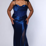 Sexy plus size fitted prom dress with double spaghetti straps, pleated bodice with optional bodice lining.  Exposed boning with hot fix stones on basque waistline.  Slim fitted skirt with ruching. High slit filled in with mesh and hot fix stones. Tease Prom style TE2516 avialable in berry, forest and navy.